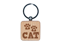 Meow Cat Paw Prints Hearts Love Fun Text Engraved Wood Square Keychain Tag Charm