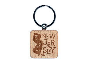 New Jersey State with Text Swirls Engraved Wood Square Keychain Tag Charm