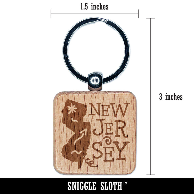 New Jersey State with Text Swirls Engraved Wood Square Keychain Tag Charm