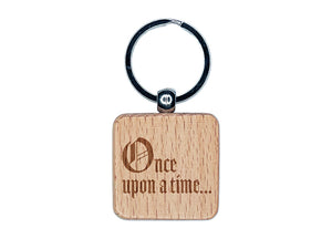 Once Upon a Time Fairy Tale Wedding Old Timey Text Engraved Wood Square Keychain Tag Charm