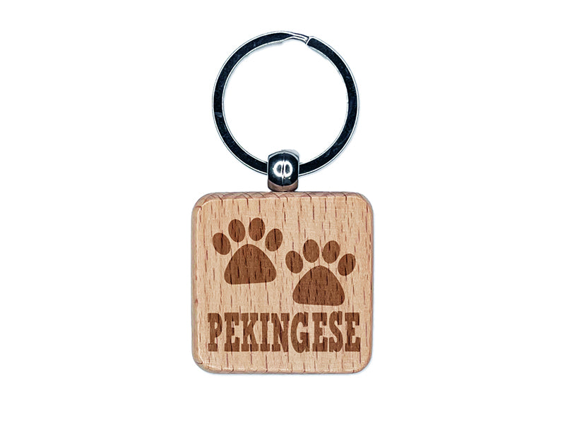 Pekingese Dog Paw Prints Fun Text Engraved Wood Square Keychain Tag Charm