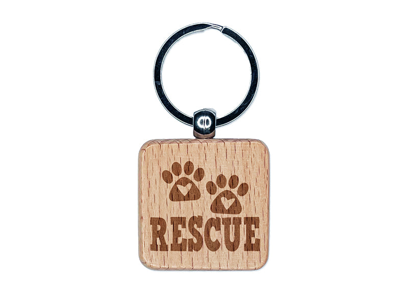 Rescue Dog Cat Paw Prints Hearts Love Fun Text Engraved Wood Square Keychain Tag Charm