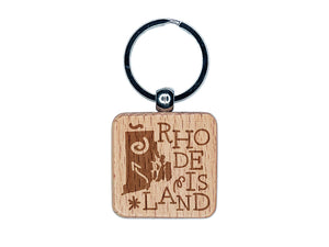 Rhode Island State with Text Swirls Engraved Wood Square Keychain Tag Charm