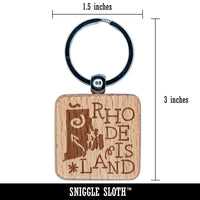 Rhode Island State with Text Swirls Engraved Wood Square Keychain Tag Charm