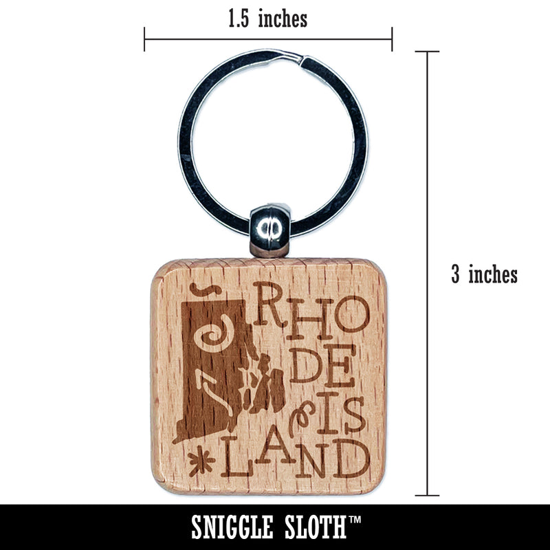 Rhode Island State with Text Swirls Engraved Wood Square Keychain Tag Charm