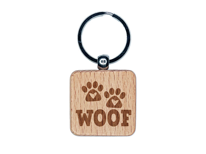 Woof Dog Paw Prints Hearts Love Fun Text Engraved Wood Square Keychain Tag Charm