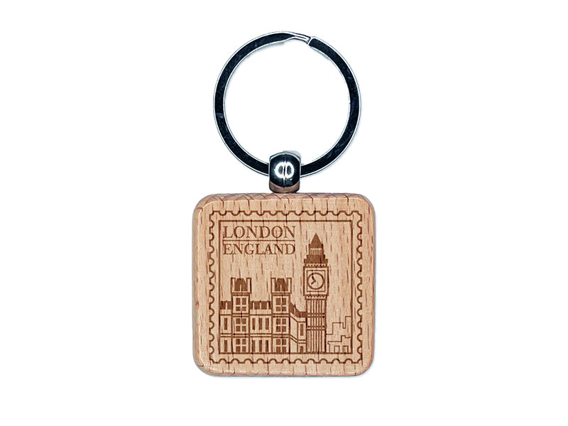 Big Ben London England Destination Travel Engraved Wood Square Keychain Tag Charm