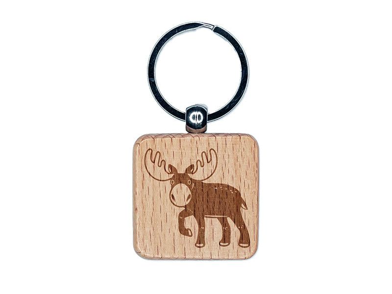Cartoon Moose Engraved Wood Square Keychain Tag Charm