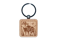 Chinese Zodiac Ox Engraved Wood Square Keychain Tag Charm