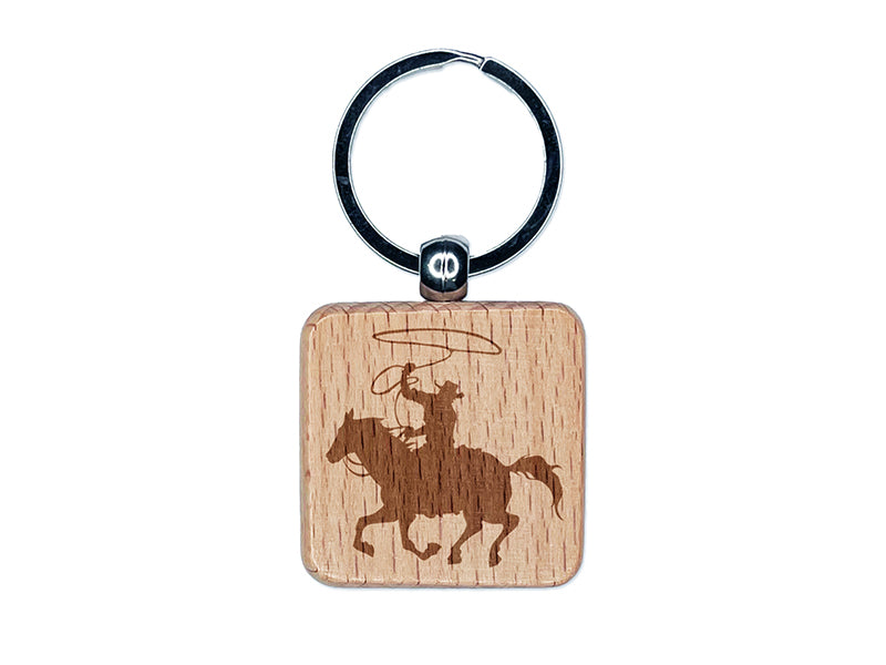 Cowboy on Horseback With Lasso Engraved Wood Square Keychain Tag Charm