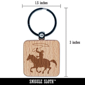 Cowboy on Horseback With Lasso Engraved Wood Square Keychain Tag Charm