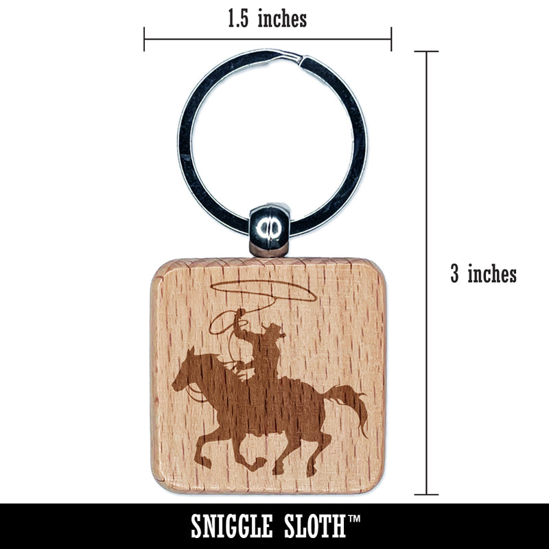 Cowboy on Horseback With Lasso Engraved Wood Square Keychain Tag Charm