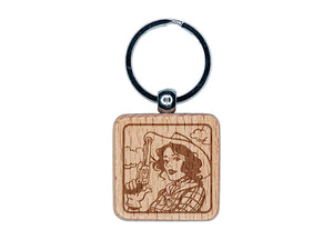 Cowgirl with Gun Engraved Wood Square Keychain Tag Charm