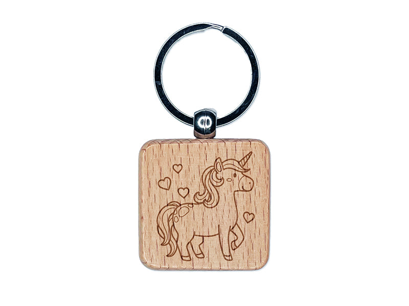 Cute Unicorn with Hearts Engraved Wood Square Keychain Tag Charm