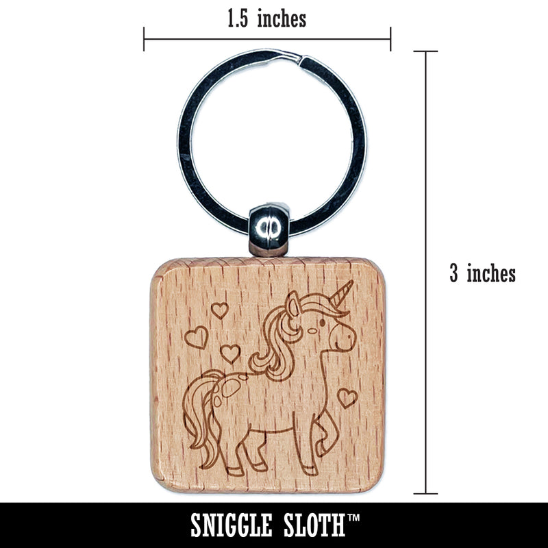 Cute Unicorn with Hearts Engraved Wood Square Keychain Tag Charm
