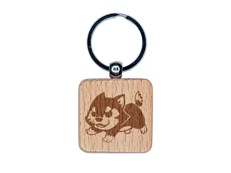 Cute Wolf Puppy Engraved Wood Square Keychain Tag Charm