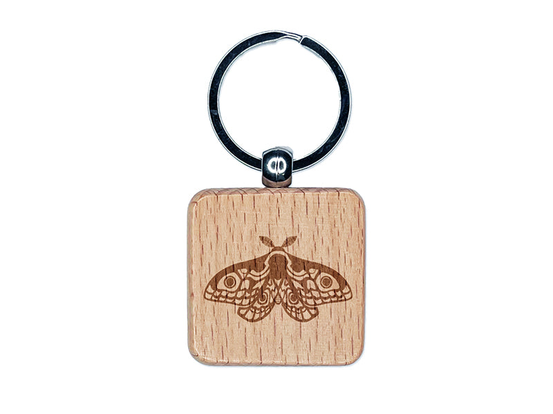 Emperor Moth Engraved Wood Square Keychain Tag Charm