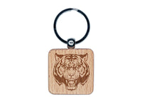 Fierce Tiger Face Engraved Wood Square Keychain Tag Charm