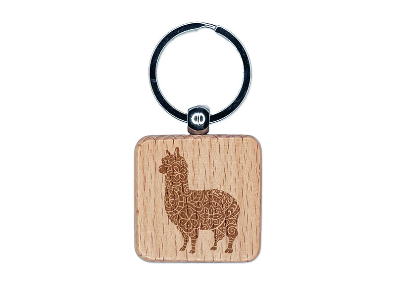 Floral Alpaca Engraved Wood Square Keychain Tag Charm