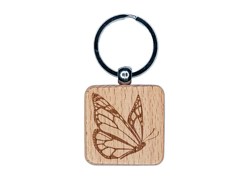 Flying Butterfly Engraved Wood Square Keychain Tag Charm
