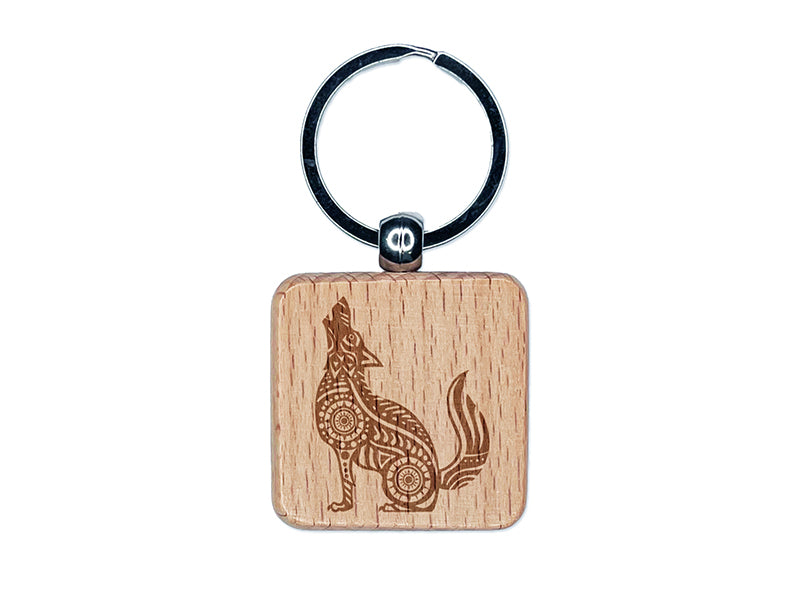 Folk Art Wolf Engraved Wood Square Keychain Tag Charm