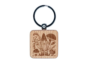 Garden Gnome with Background Engraved Wood Square Keychain Tag Charm