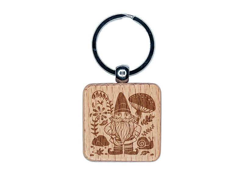 Garden Gnome with Background Engraved Wood Square Keychain Tag Charm