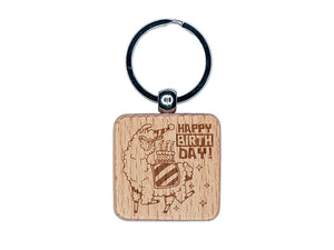 Happy Birthday Alpaca Engraved Wood Square Keychain Tag Charm