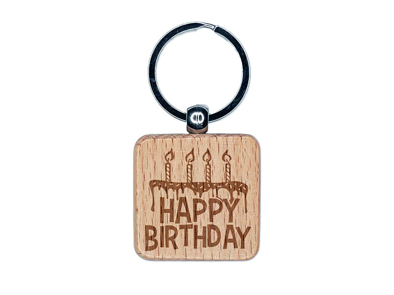 Happy Birthday Cake with Candles Engraved Wood Square Keychain Tag Charm