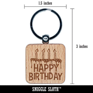 Happy Birthday Cake with Candles Engraved Wood Square Keychain Tag Charm