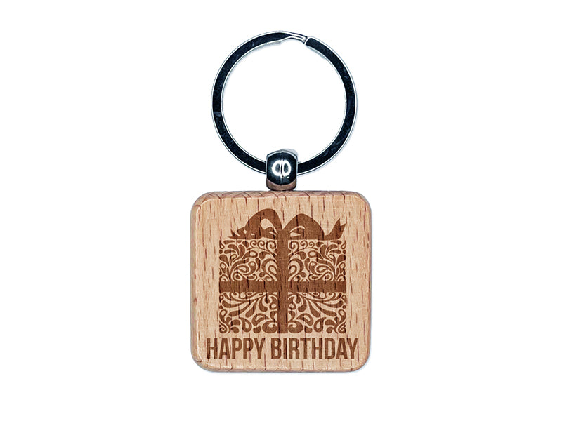 Happy Birthday Elegant Present Engraved Wood Square Keychain Tag Charm