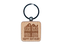 Happy Birthday Elegant Present Engraved Wood Square Keychain Tag Charm