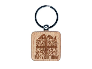 Happy Birthday Elegant Present Engraved Wood Square Keychain Tag Charm