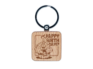 Happy Birthday Horrified Cupcake Engraved Wood Square Keychain Tag Charm