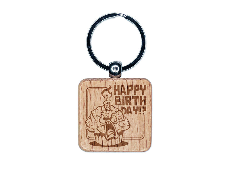 Happy Birthday Horrified Cupcake Engraved Wood Square Keychain Tag Charm