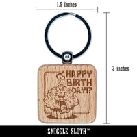 Happy Birthday Horrified Cupcake Engraved Wood Square Keychain Tag Charm