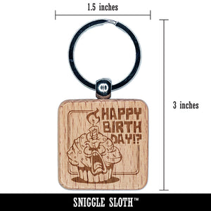 Happy Birthday Horrified Cupcake Engraved Wood Square Keychain Tag Charm