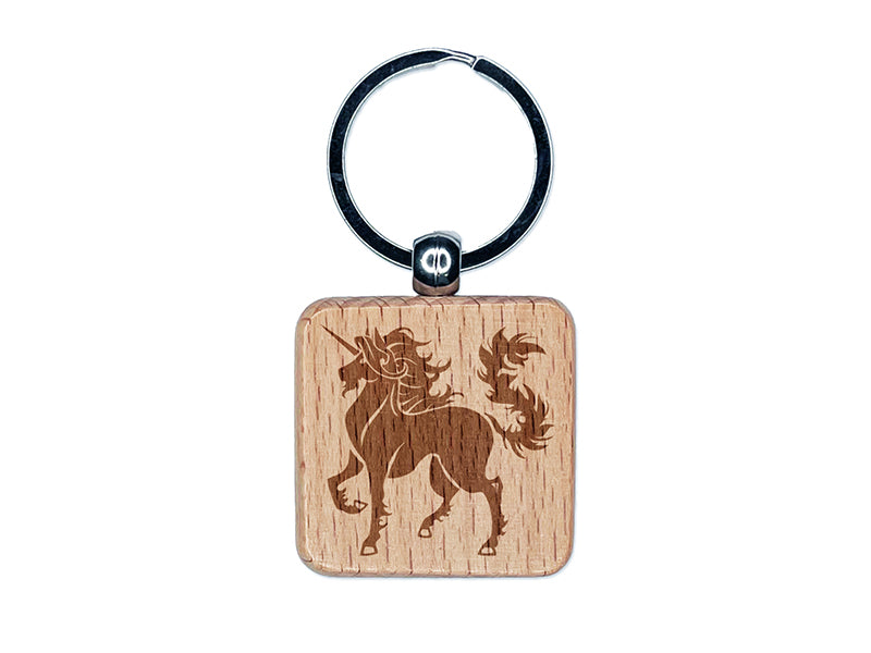 Heraldic Majestic Unicorn Engraved Wood Square Keychain Tag Charm