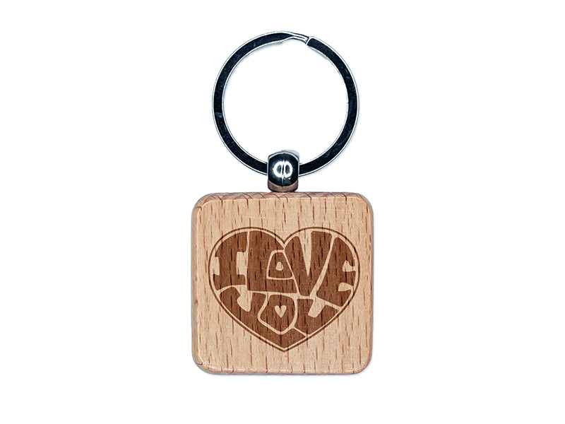 I Love You Heart 70s Bubble Letters Engraved Wood Square Keychain Tag Charm