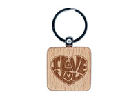 I Love You Heart 70s Bubble Letters Engraved Wood Square Keychain Tag Charm