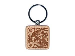 Koi Fish Pond Engraved Wood Square Keychain Tag Charm