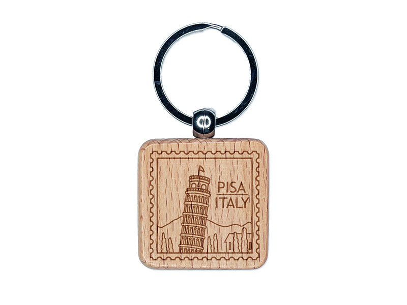 Leaning Tower of Pisa Italy Destination Travel Engraved Wood Square Keychain Tag Charm