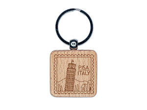 Leaning Tower of Pisa Italy Destination Travel Engraved Wood Square Keychain Tag Charm