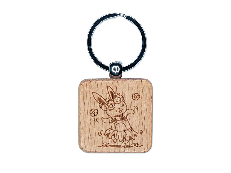 Luau Hawaiian Hula Bunny with Lei Engraved Wood Square Keychain Tag Charm