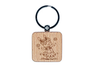 Luau Hawaiian Hula Bunny with Lei Engraved Wood Square Keychain Tag Charm