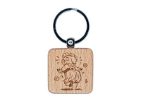 Luau Hawaiian Hula Pig with Lei Engraved Wood Square Keychain Tag Charm