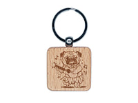 Luau Hawaiian Hula Pug with Ukulele Engraved Wood Square Keychain Tag Charm