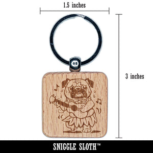 Luau Hawaiian Hula Pug with Ukulele Engraved Wood Square Keychain Tag Charm