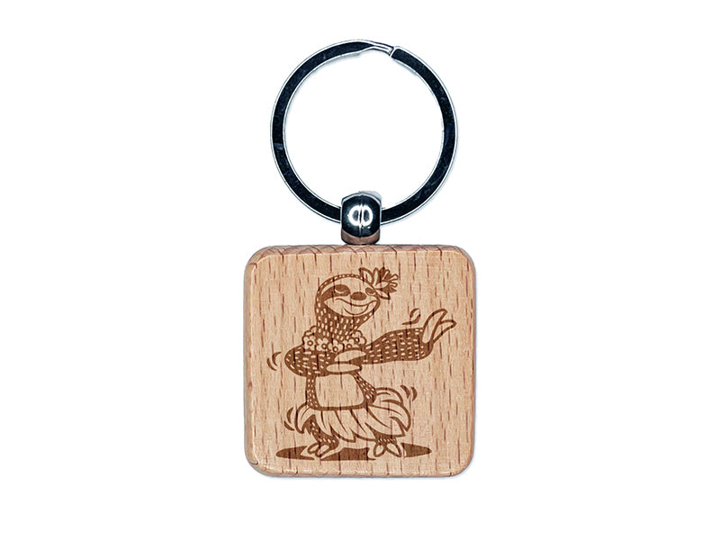 Luau Hawaiian Hula Sloth with Lei Engraved Wood Square Keychain Tag Charm