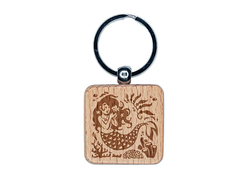 Mermaid Swimming in Reef Engraved Wood Square Keychain Tag Charm